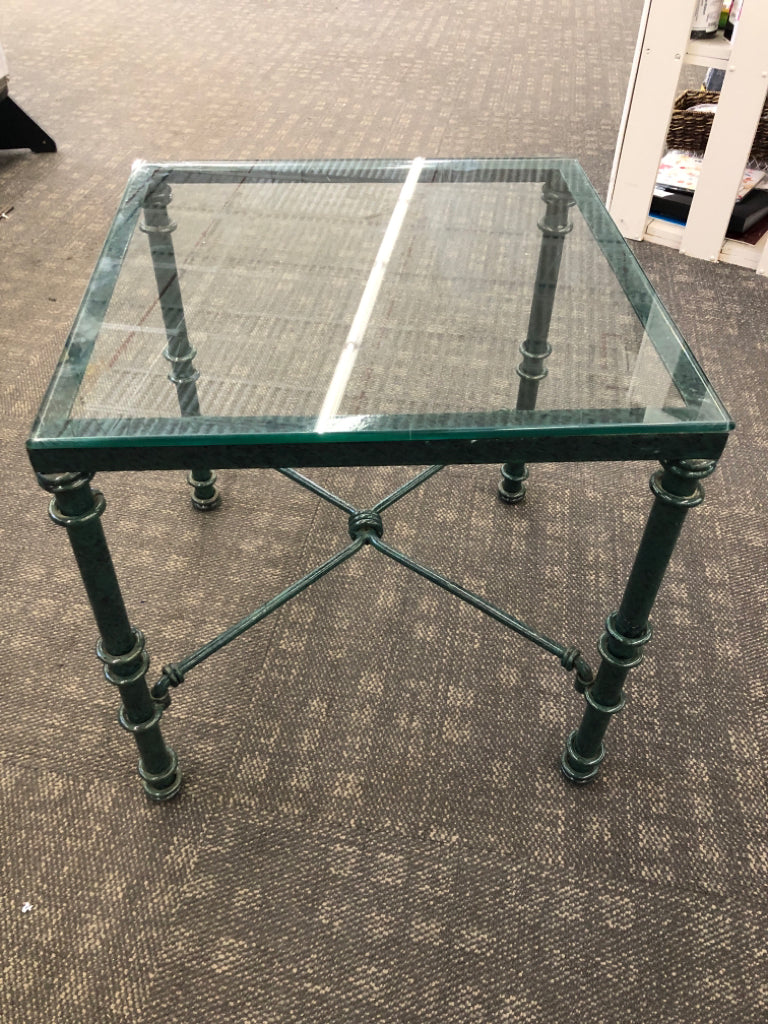 GLASS TOP GREEN METAL SIDE TABLE.