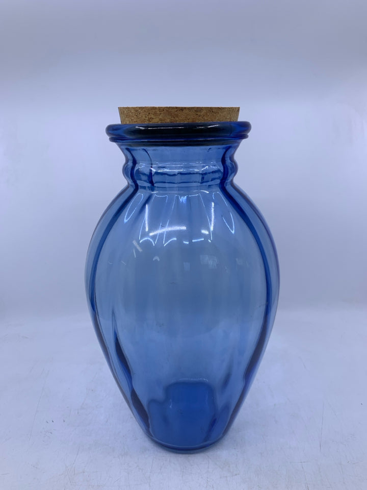 BLUE GLASS CANISTER W/ CORK LID.