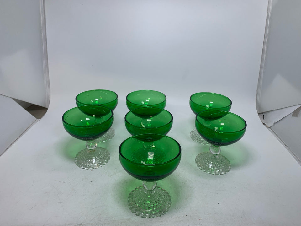 7 VTG BOOPIE BUBBLE FOREST GREEN SHERBET GLASSES.