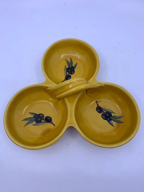 TRIO YELLOW OLIVE DISH WITH MIDDLE HANDLE.