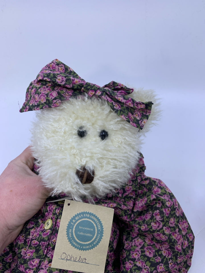WHITE SHAG BEAR W/ DARK PURPLE FLORAL JUMPSUIT BOYDS BEAR.