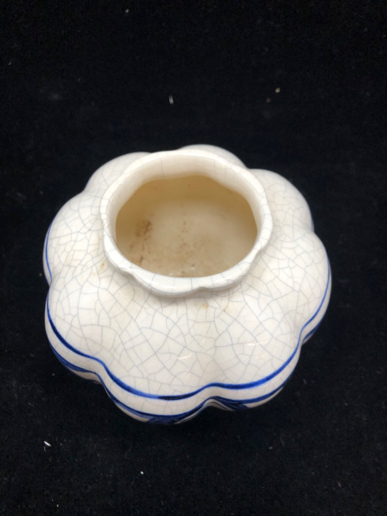 BLUE BUNNY CRACKLE POTTING SHED POTTERY VASE.