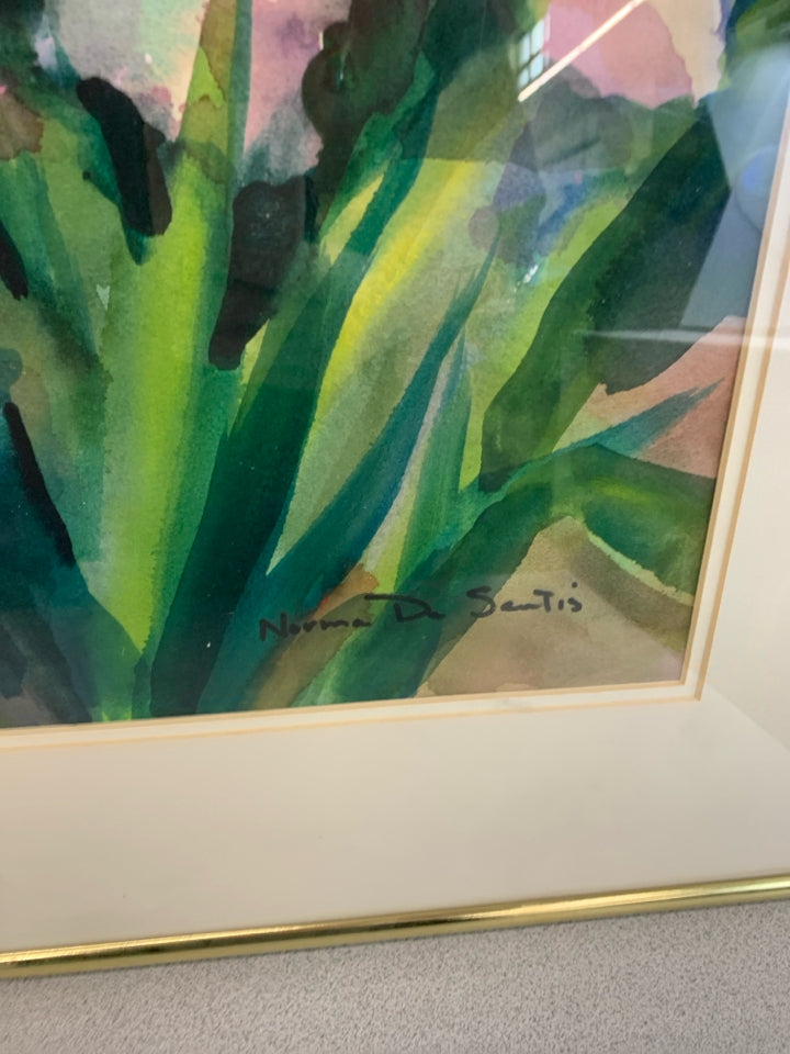 PINK FLORAL WATERCOLOR PRINT IN GOLD FRAME.