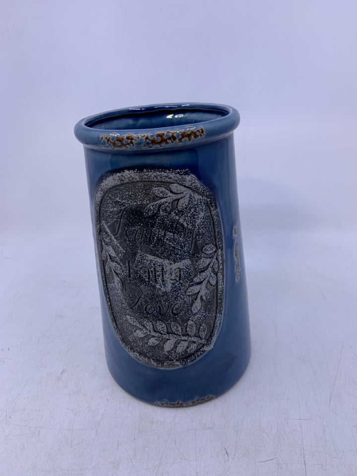 DARK BLUE VASE W/ FAMILY FAITH LOVE IN GREY CIRCLE.