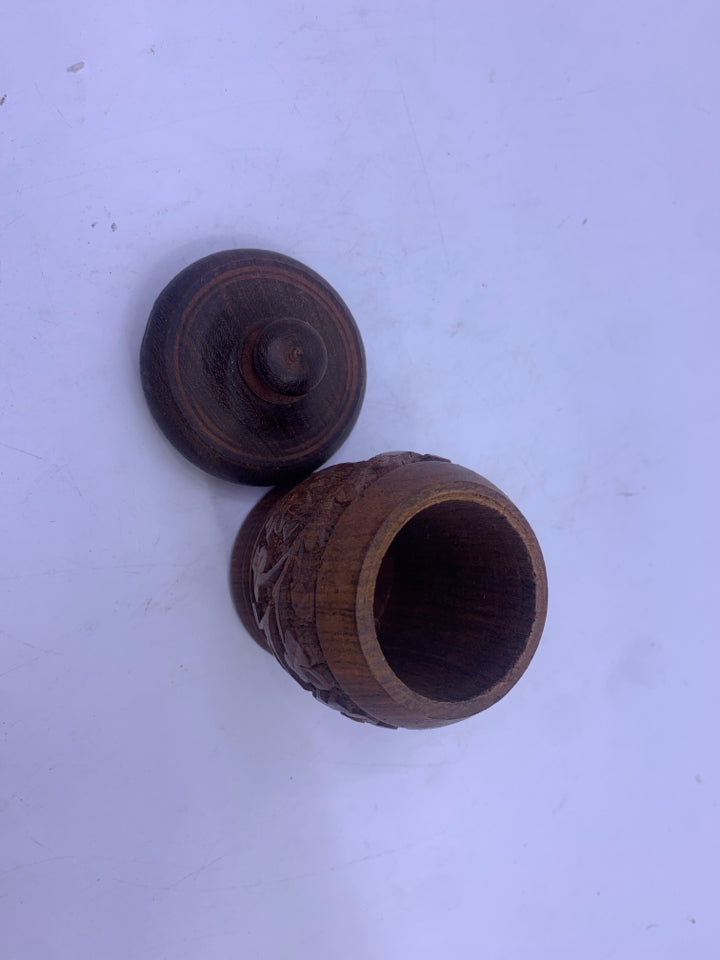 WOOD CARVED MINI CANISTER.