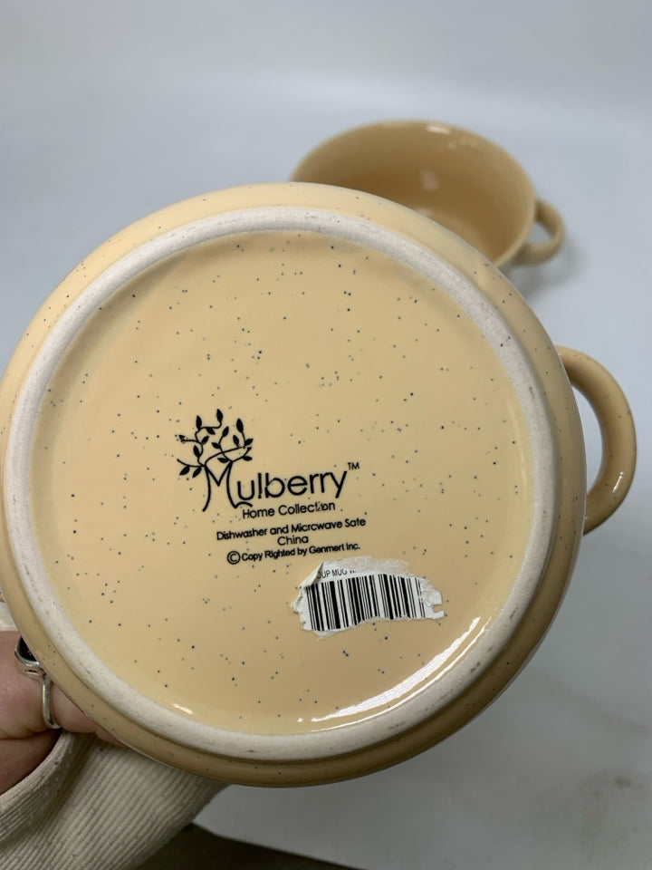 2 YELLOW SPECKLED "SOUP" BOWLS W/ HANDLES.