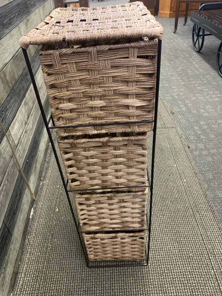 4 TIER WOVEN BASKET SHELF.