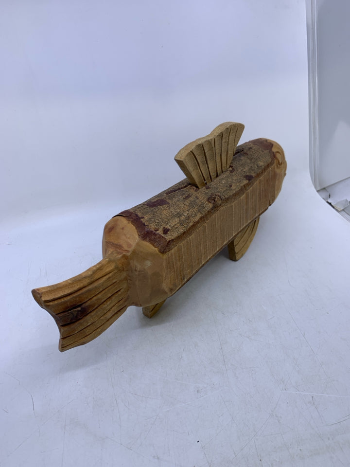 HAND CARVED STANDING WOOD FISH.