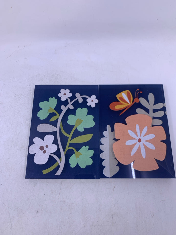 2 THICK RESIN TOGETHER TILES DARK BLUE W/ FLOWERS + BUTTERFLIES.