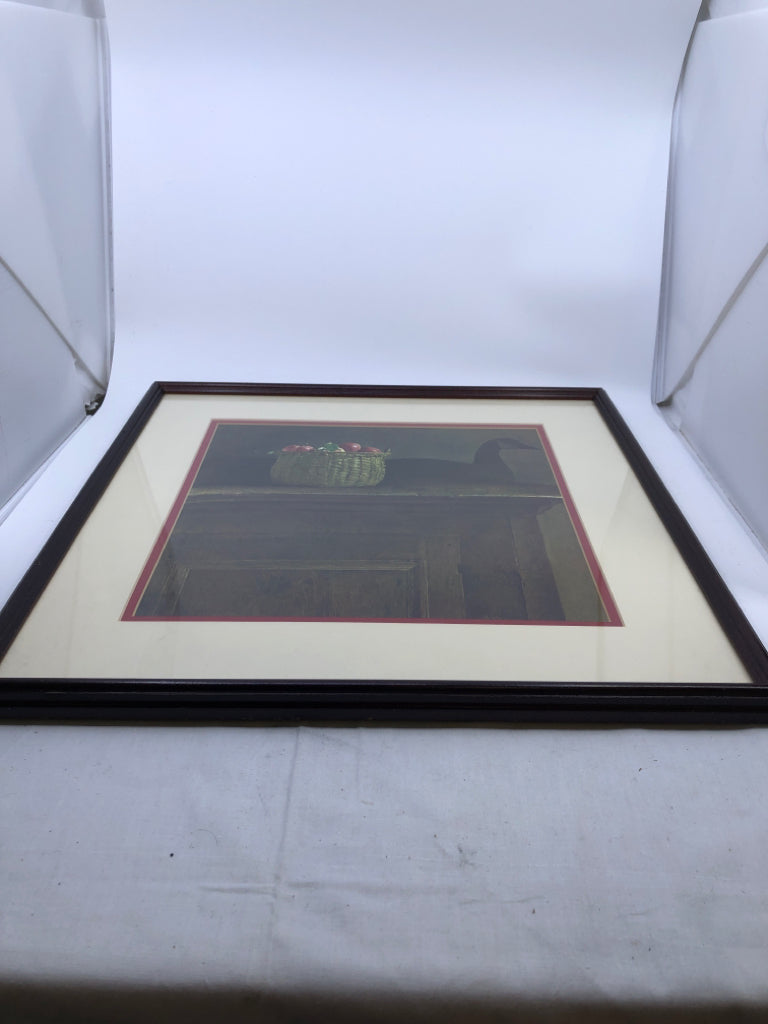 CLOSE UP OF CABINET W/ BASKET OF APPLES+GOOSE FRAMED PRINT 19" X 19"