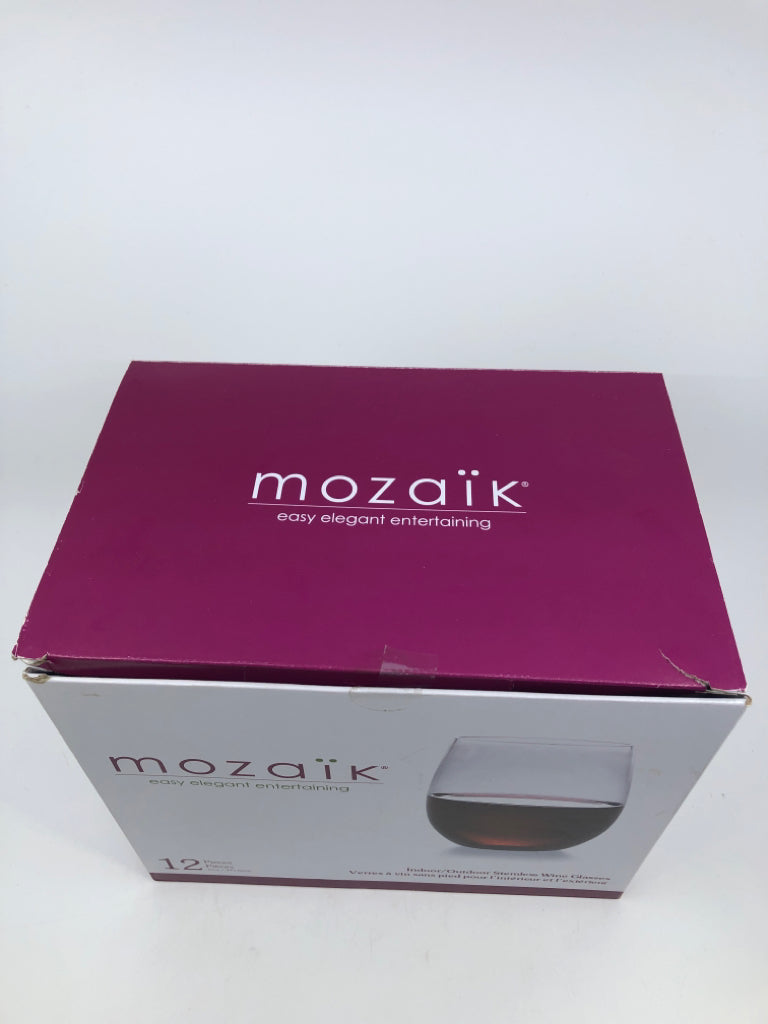 NIB MOZAIK 12 PC STEMLESS WINE GLASS SET.