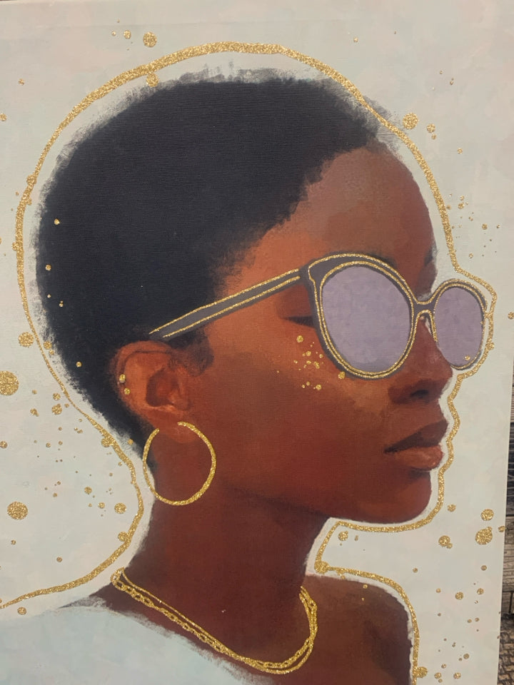 WOMAN IN SUNGLASSES GLITTER CANVAS WALL ART.
