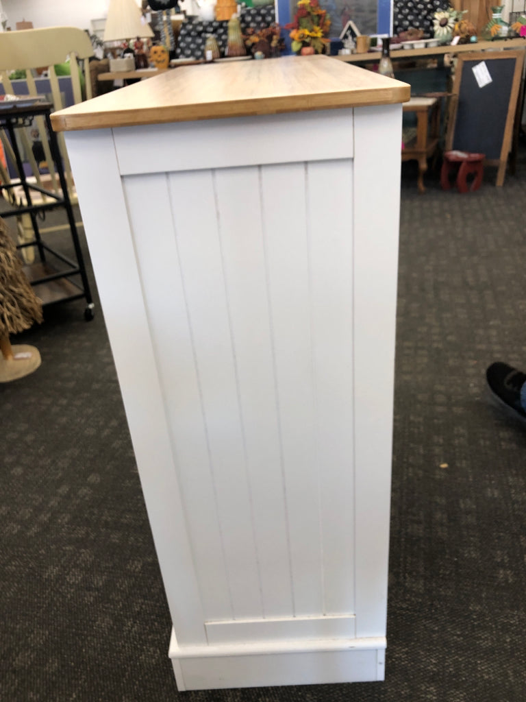 WHITE HIDDEN TRASH CABINET W WOOD TOP & 2 DRAWERS.