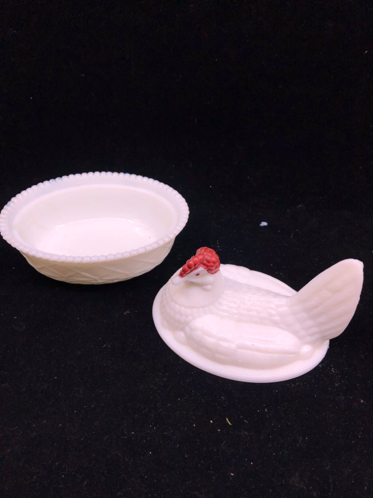 VTG MILK GLASS HEN IN BASKET.