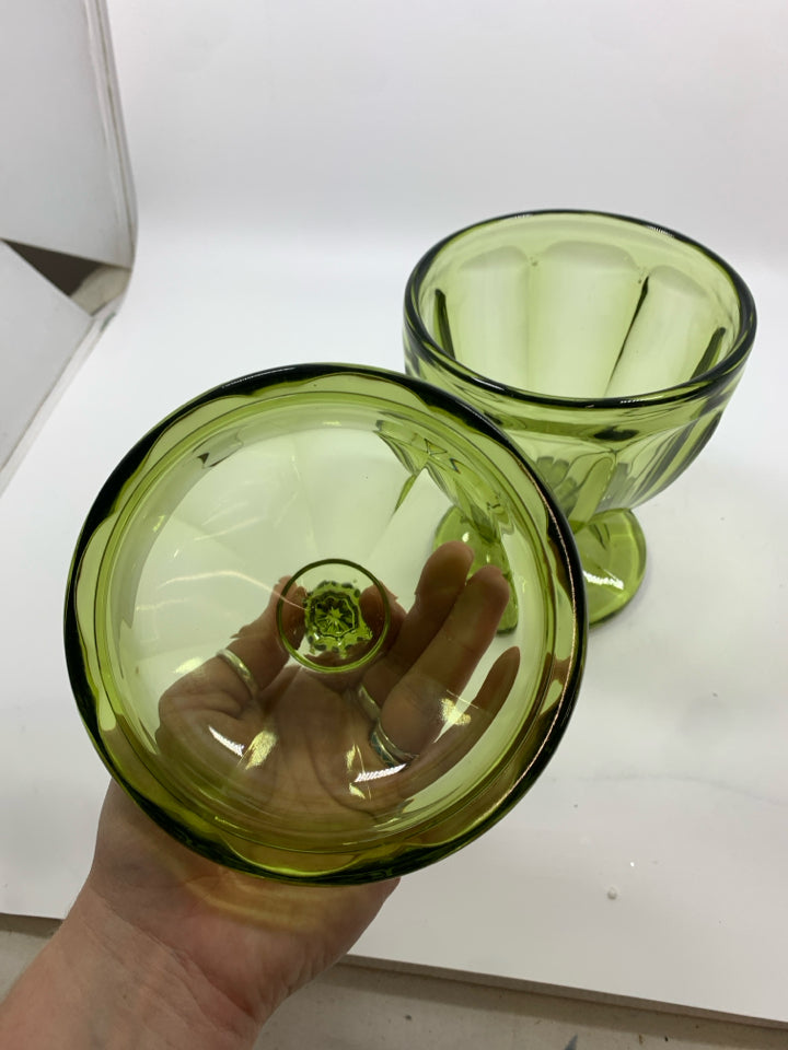 VTG THICK GREEN GLASS FOOTED COVERED DISH.