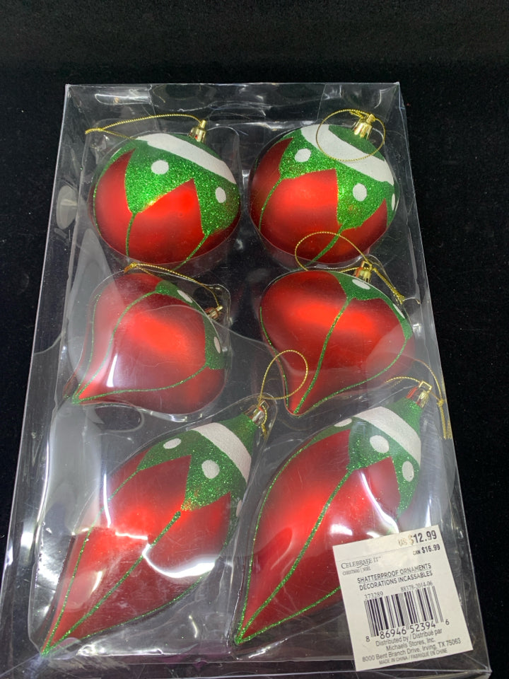 6 RED/GREEN/WHITE SHATTER PROOF ORNAMENTS.