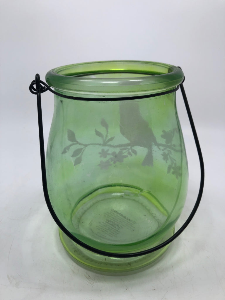 GREEN FROSTED BIRD CANDLE LANTERN.