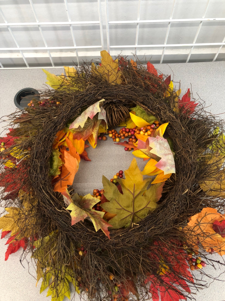 GLITTERY FALL LEAVES AND PUMPKINS WREATH.