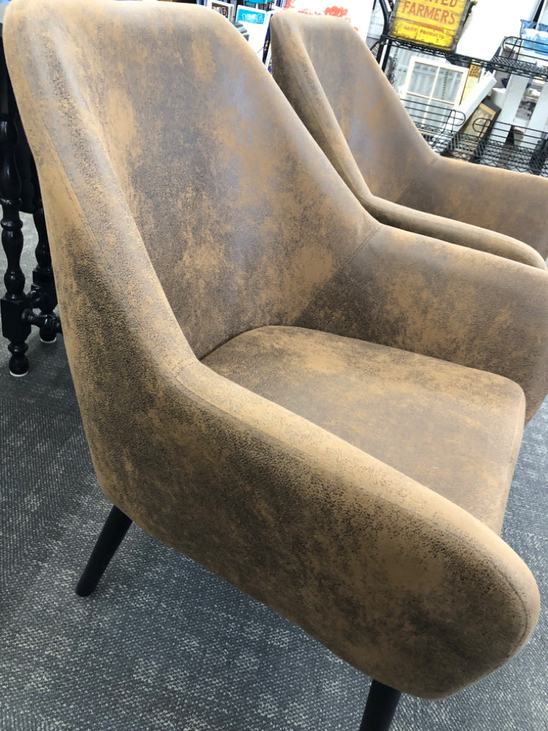2 RUSTIC BROWN FAUX-SUEDE CHAIRS.