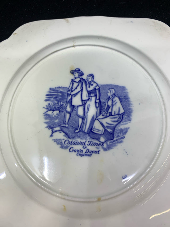 VTG BLUE AND WHITE COLONIAL TIMES COURTHOUSE PLATE.