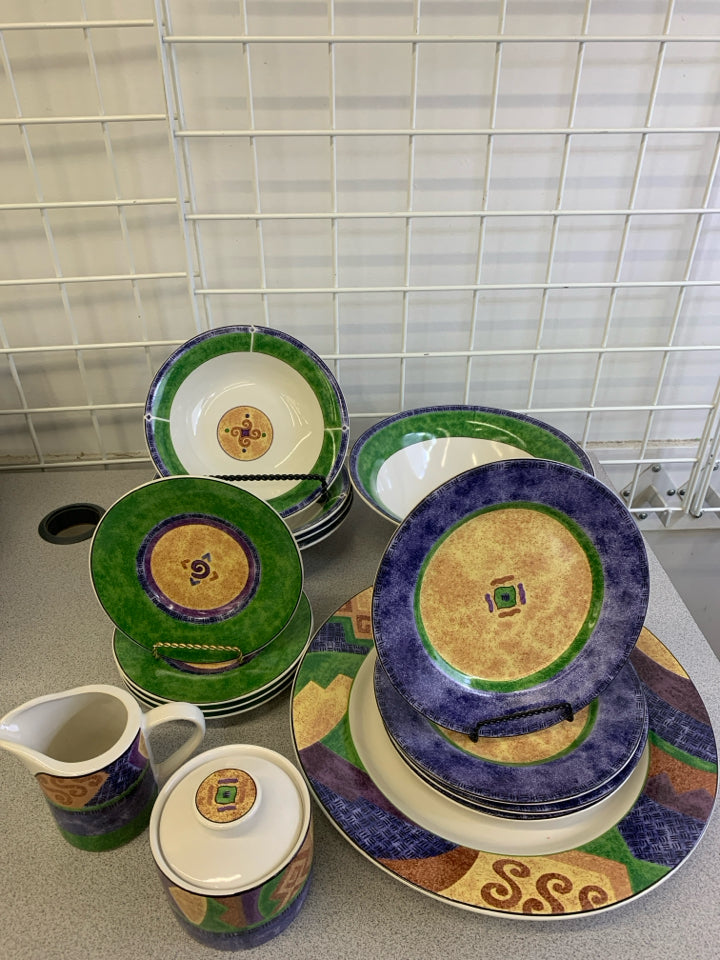 16PC SANGO SERVING SET, GREEN/BLUE PATTERN.