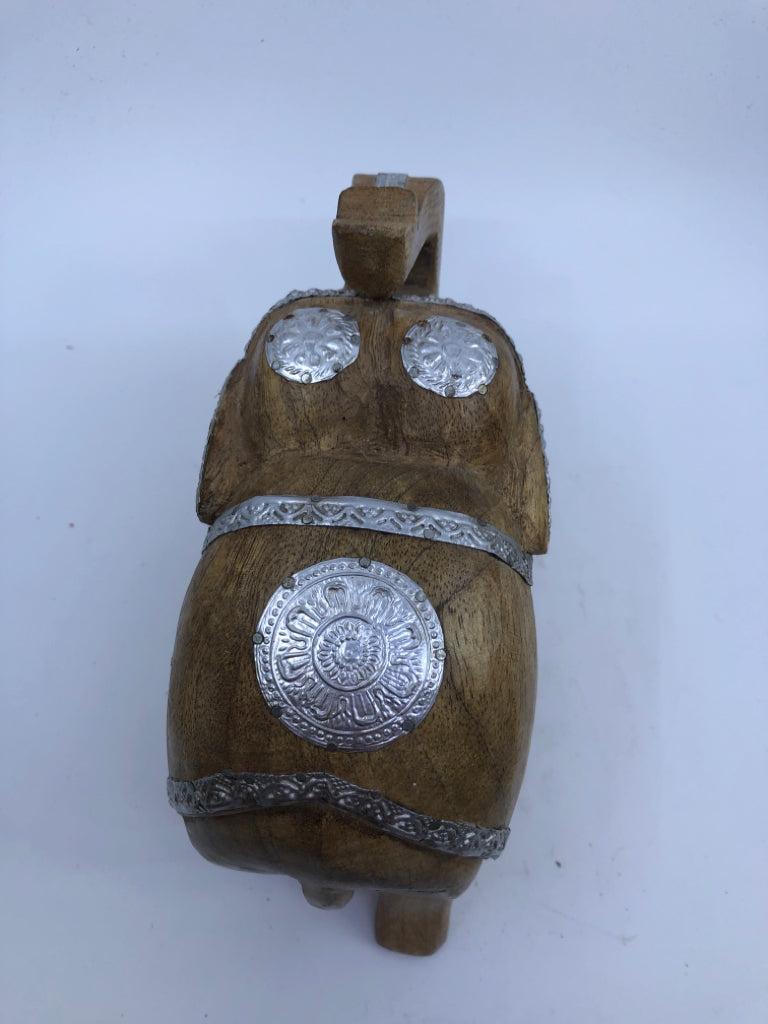 WOOD CARVED DECORATIVE ELEPHANT W METAL ACCENTS.