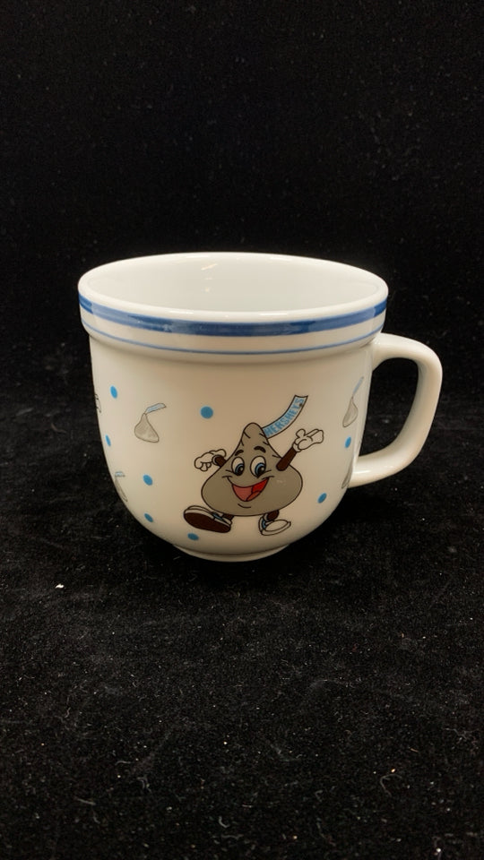 WHITE HERSHEY KISS MUG W BLUE RIM.