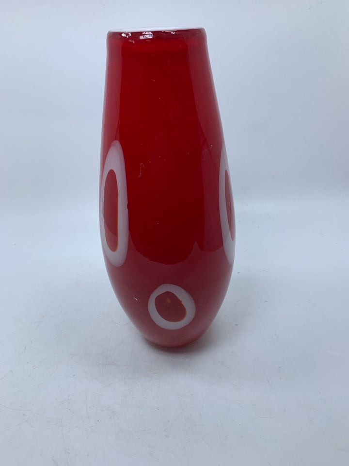 HEAVY RED BLOWN GLASS VASE W/ WHITE CIRCLES.