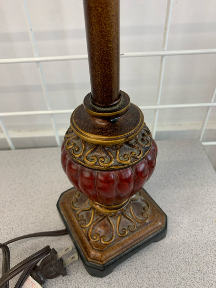 BROWN/RED BASE LAMP W/RED STRIPE SHADE.