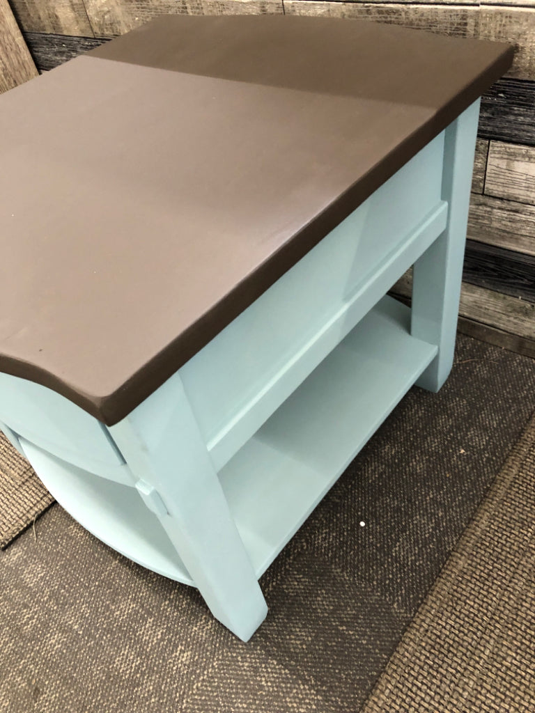 TEAL SIDE TABLE W/DARK BROWN PAINTED TOP+1 DRAWER.