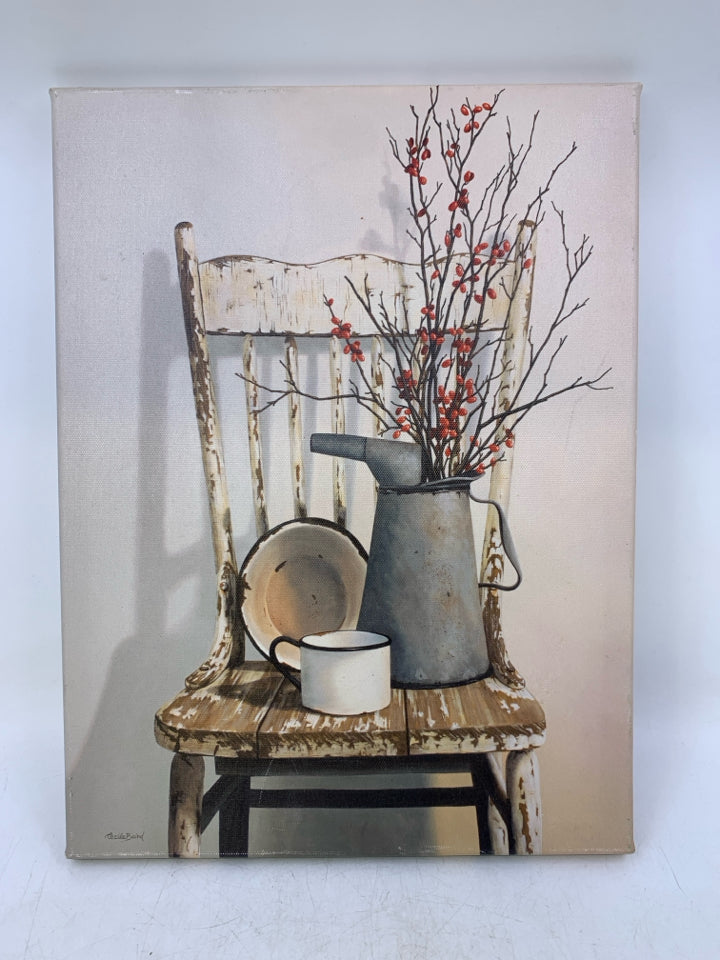 RUSTIC CHAIR W/ PLATE/CUP & WATERING CAN CANVAS.