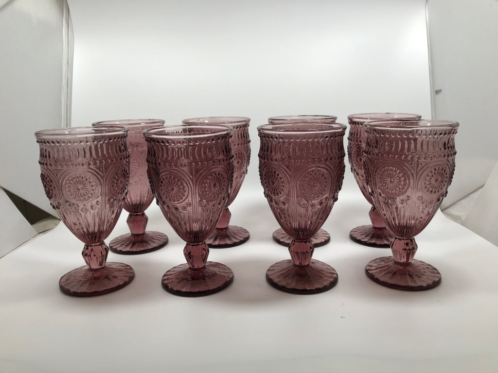8 PURPLE GLASS GOBLETS W/MEDALLION STYLE.