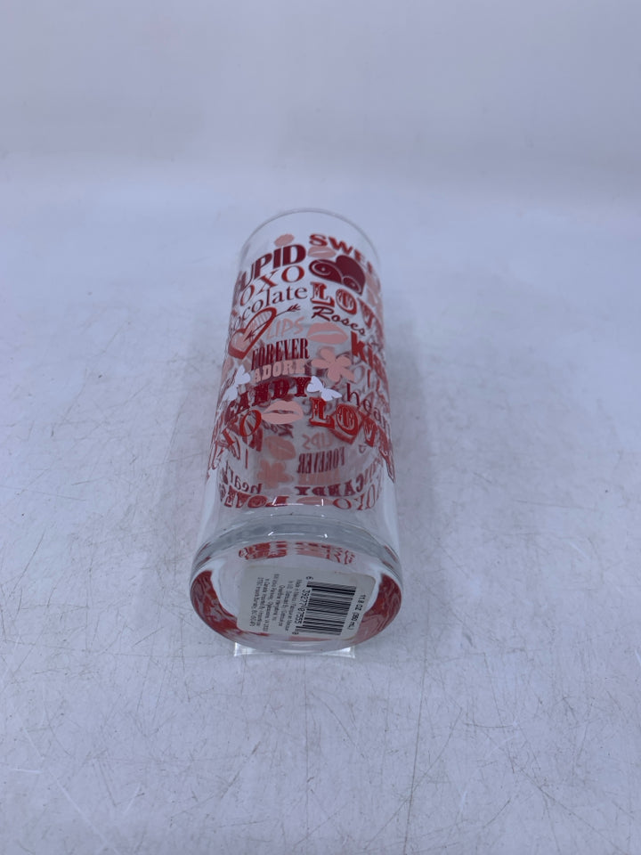 CLEAR GLASS CYLINDER VASE W/ VALENTINE SCRIPT ON IT.