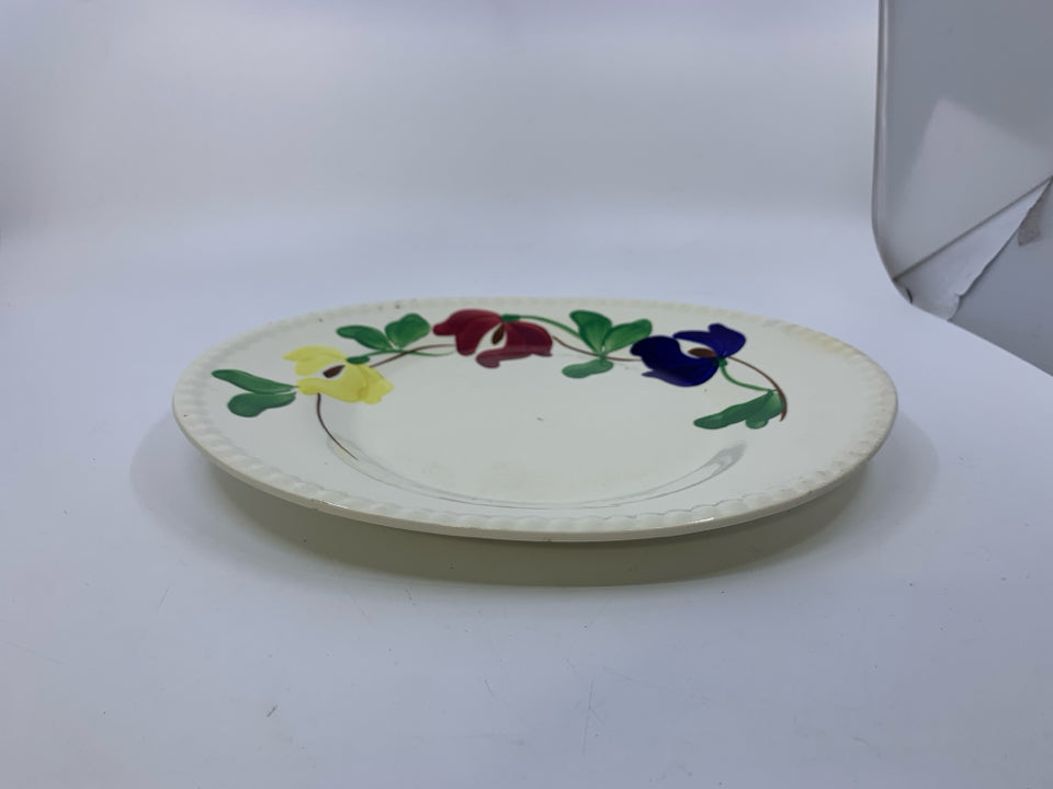 VTG IVORY PLATTER W/ YELLOW/RED/BLUE FLOWERS W/ BEADED EDGE.
