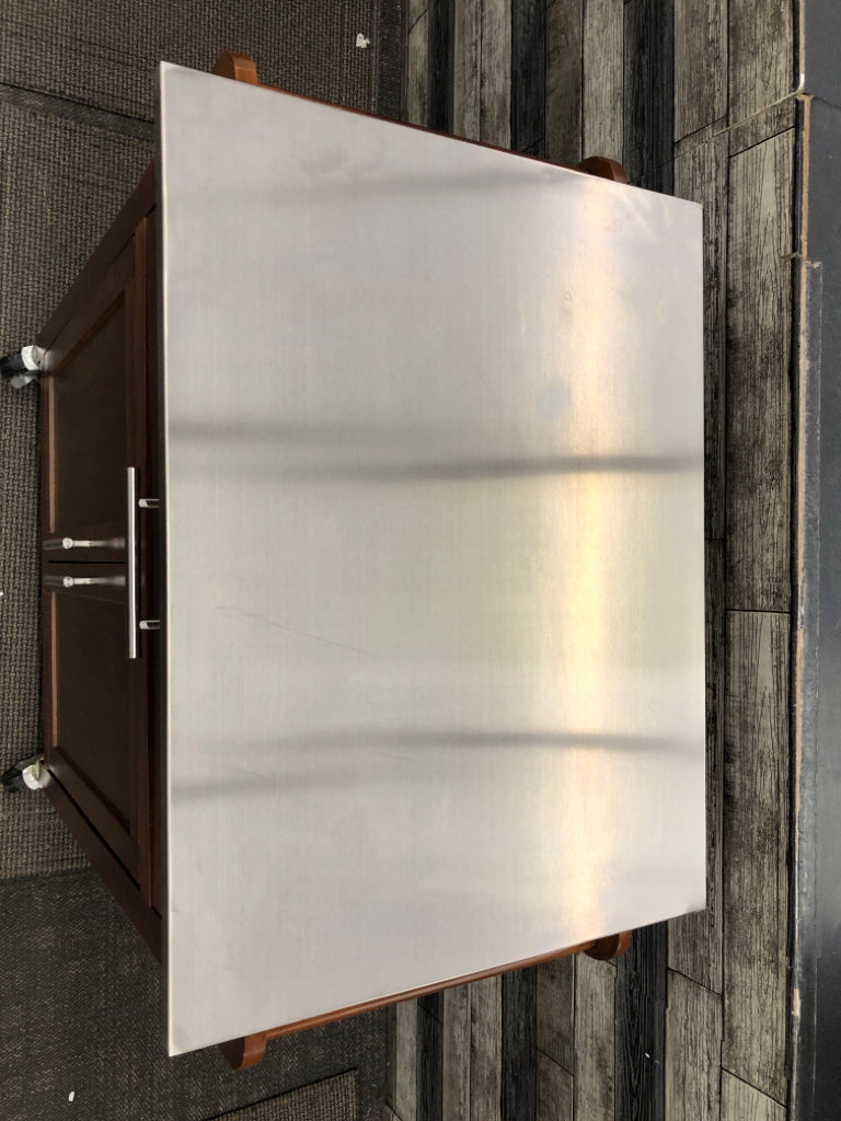 WOOD CART W/STAINLESS STEEL TOP, DRAWER AND CABINET ON WHEELS.