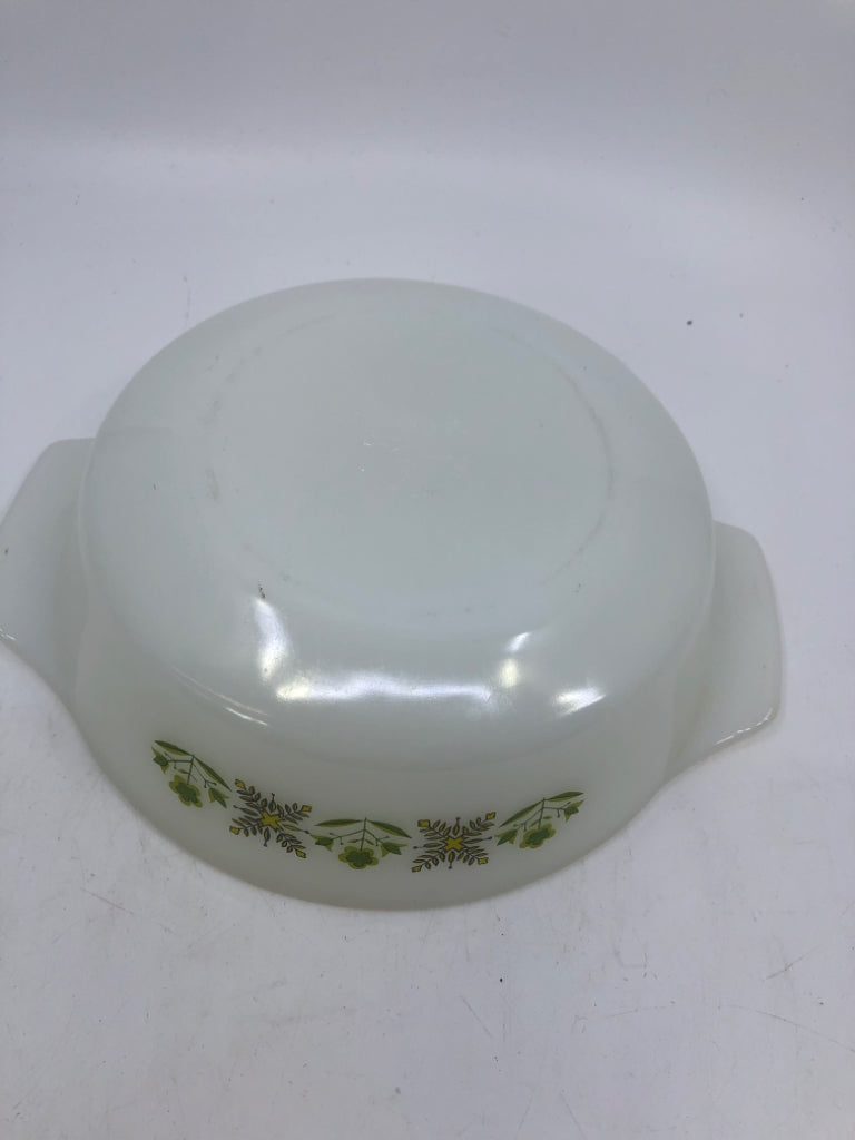 VTG GREEN FLOWERS HANDLED SERVING BOWL.