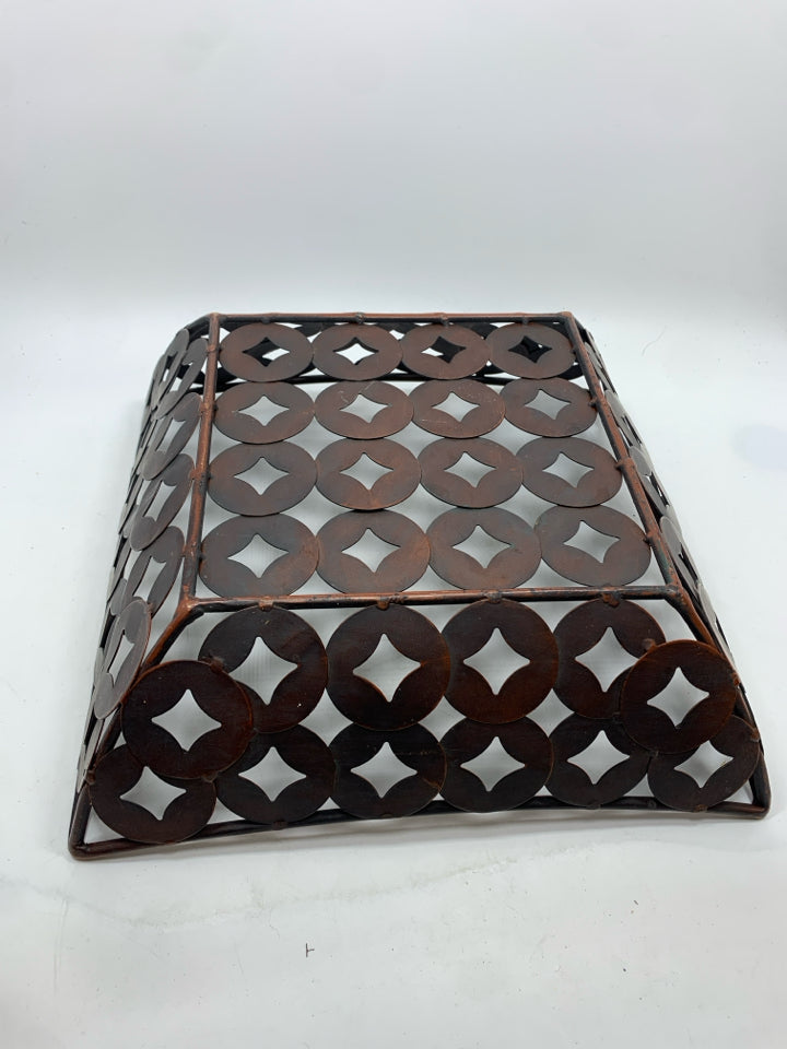 BROWN METAL TRAY W/CIRCLES.
