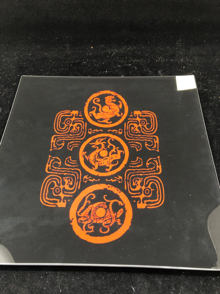BLACK GLASS RED DRAGON SERVING PLATE.