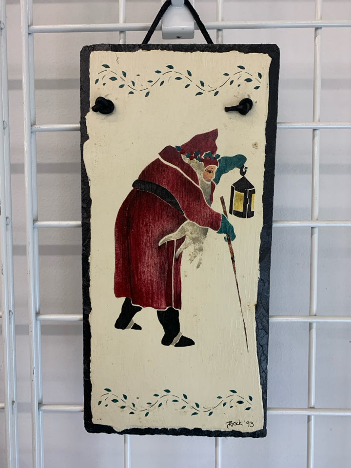 VTG SLATE PAINTED SANTA HOLDING LANTERN.