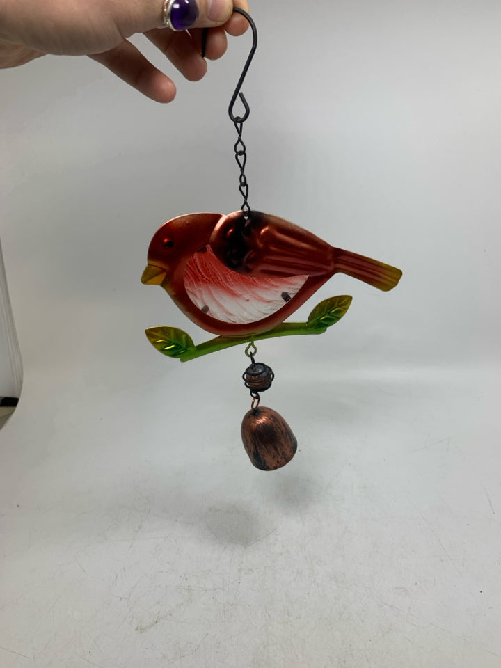 SMALL RED METAL CHICKADEE W/ BELL WALL HANGING.