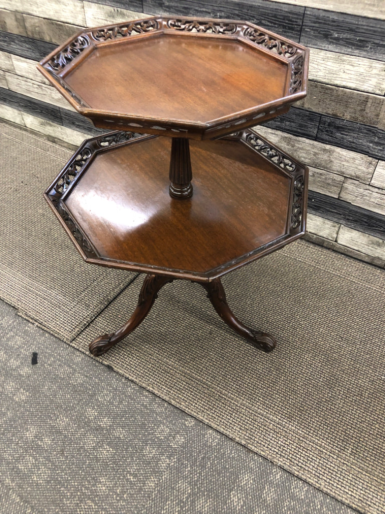 2 VTG TIERED CARVED WOOD TABLE.