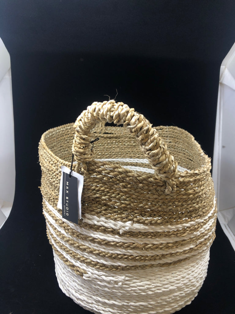 WHITE & BEIGE 2-TONED WICKER BASKET W/HANDLES MAX STUDIO.
