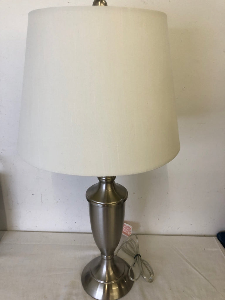 SILVER BASE LAMP W WHITE SHADE.