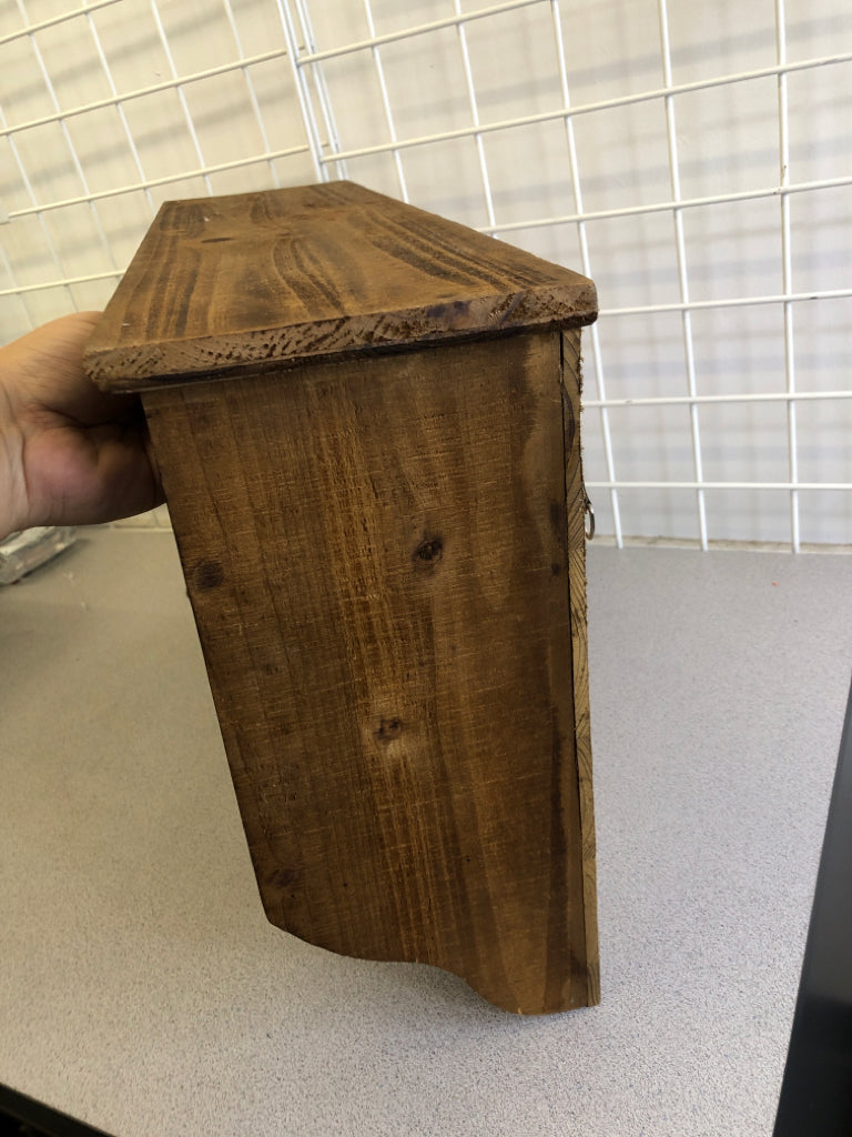 3 CUBBY, 3 HOOK WOOD WALL SHELF.