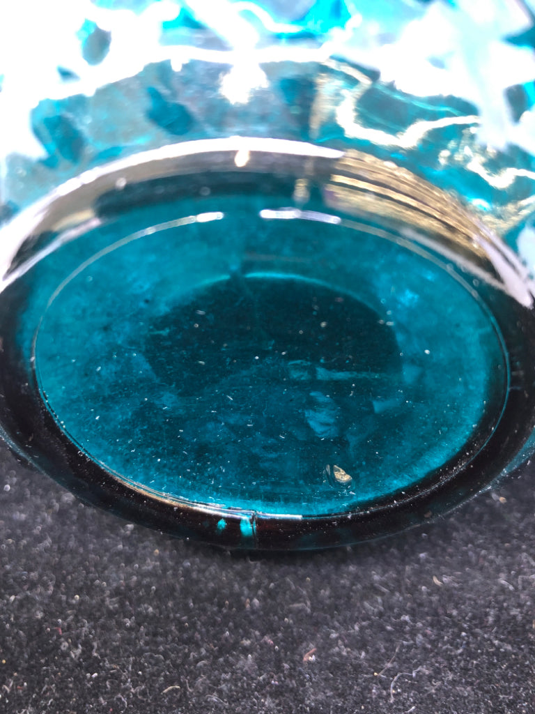 TEAL GLASS LANTERN TEA LIGHT HOLDER.