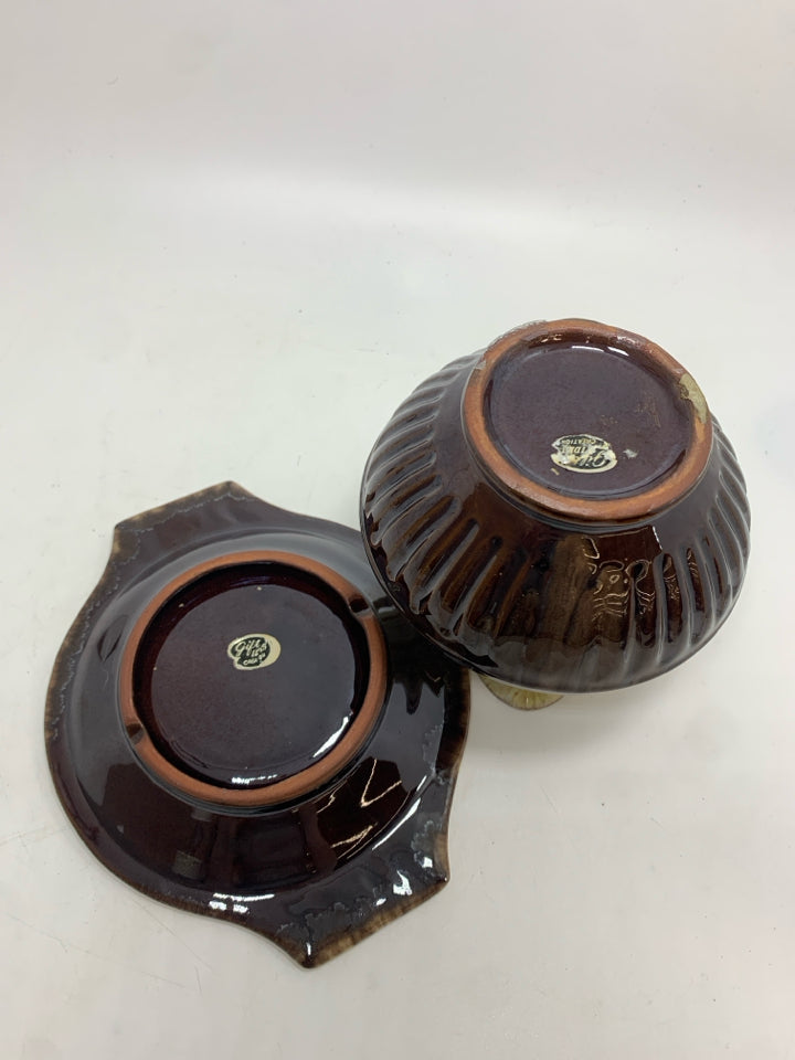 BROWN DRIP GLAZE CREAMER W/UNDER PLATE.