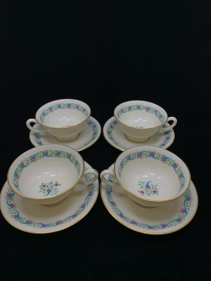 8PC FLORAL TEACUPS & SAUCER SERVICE FOR 4.