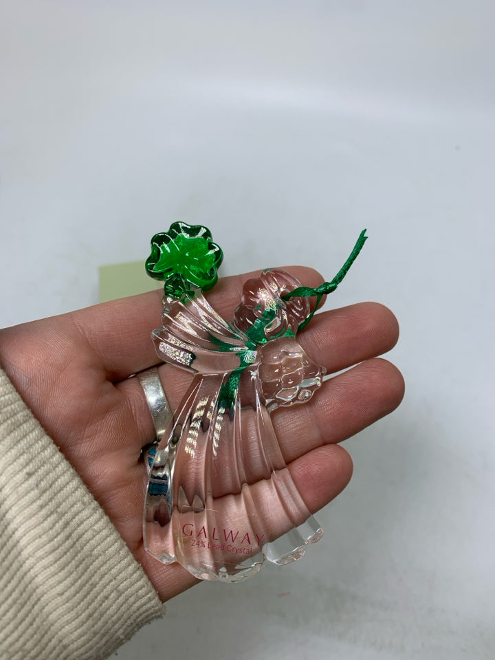 IN BOX GALWAY CRYSTAL ANGEL W/ GREEN SHAMROCK ORNAMENT.