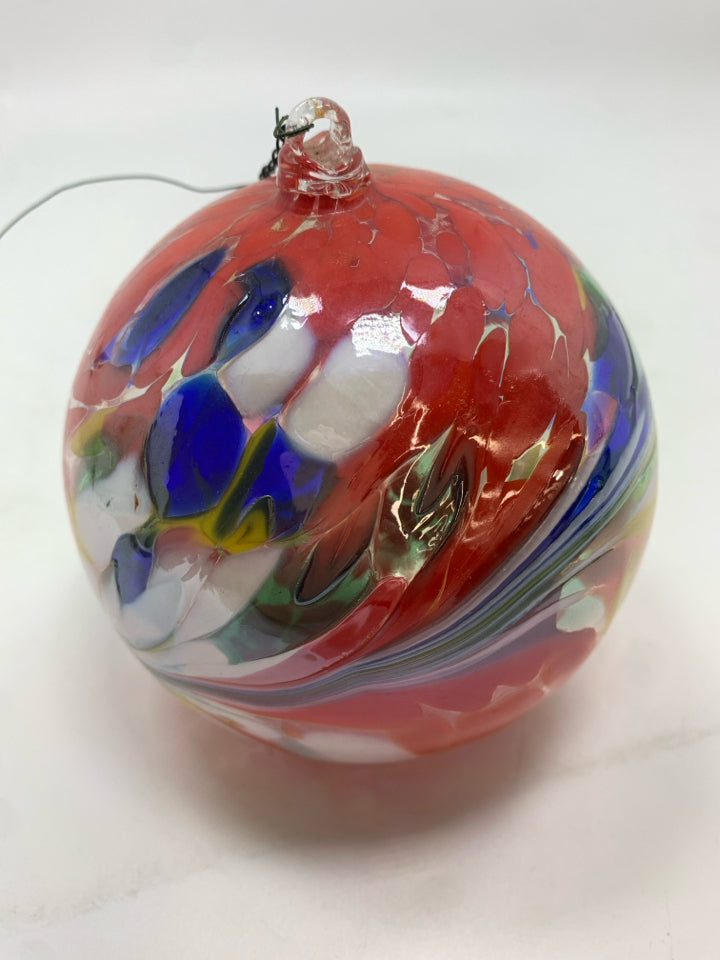 RED BLOWN GLASS HANGING ORB MADE IN POLAND.