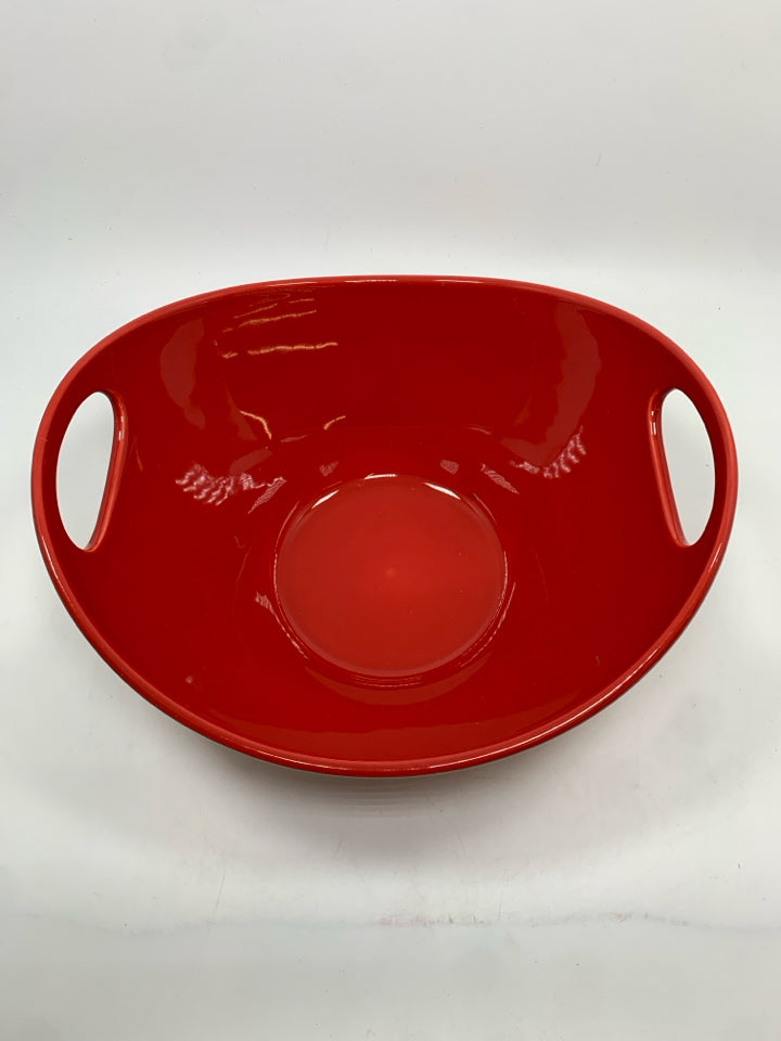 RED CERAMIC MIXING BOWL W/HANDLES.